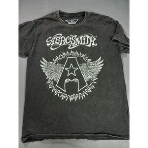 Aerosmith Graphic Tee Acid Wash Grey Short Sleeve Rock Band Shirt Womens Medium